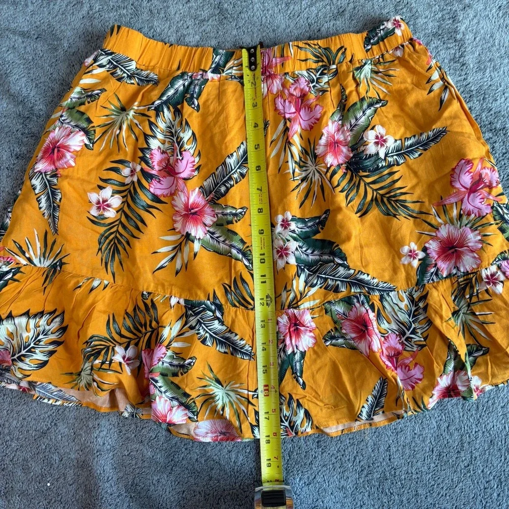 Mustard Yellow Tropical Floral Ruffle‎ Mini Skirt Large Rayon Boho Summer